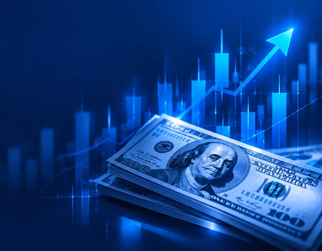 Notas de dólar com gráfico financeiro azul e seta ascendente